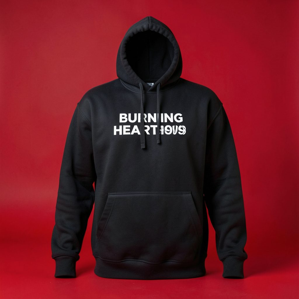 Studio photograph of dark printed streetwear merch apparel on a seamless backdrop with even soft lighting
