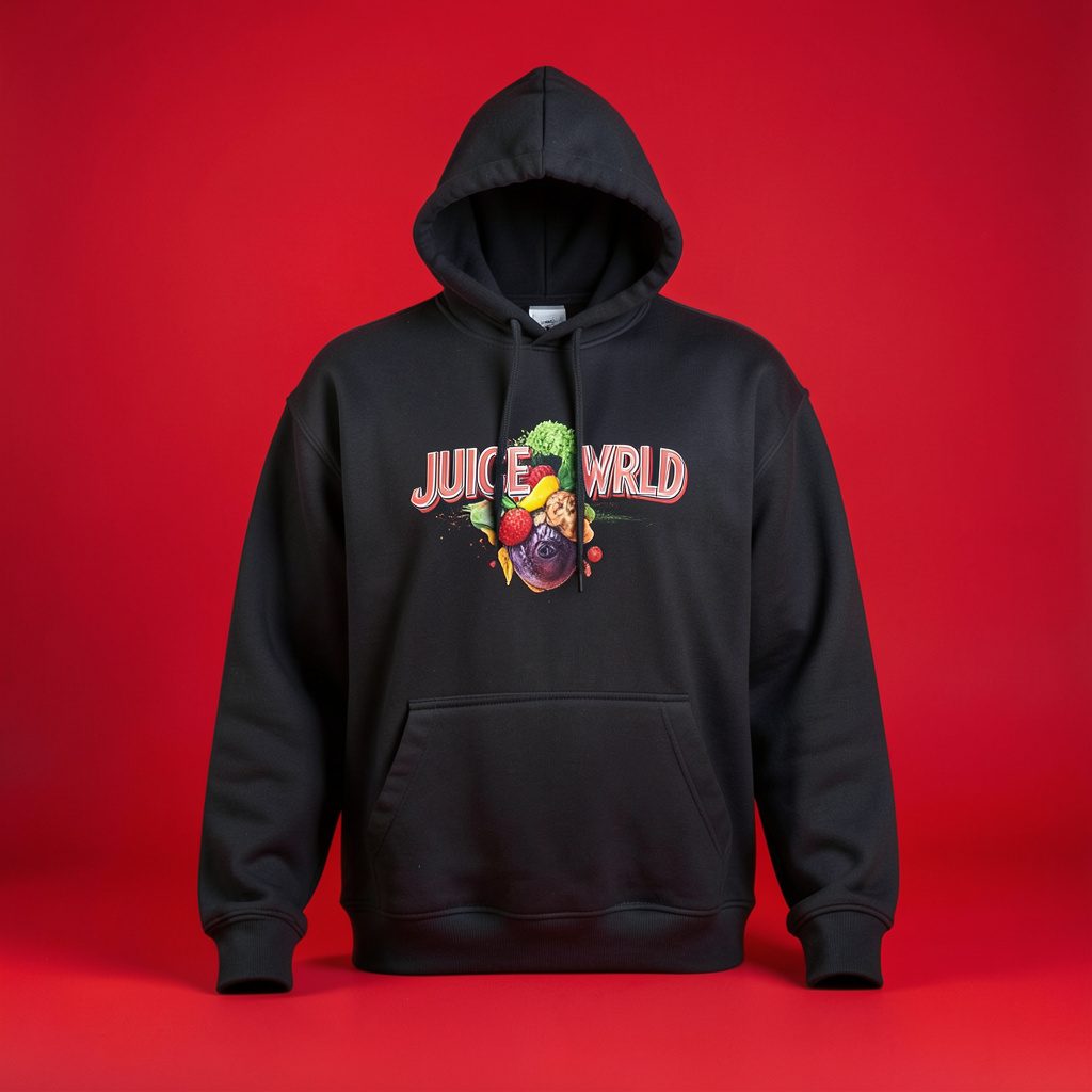 Studio photograph of dark printed streetwear apparel with graphic artwork against a seamless light grey backdrop
