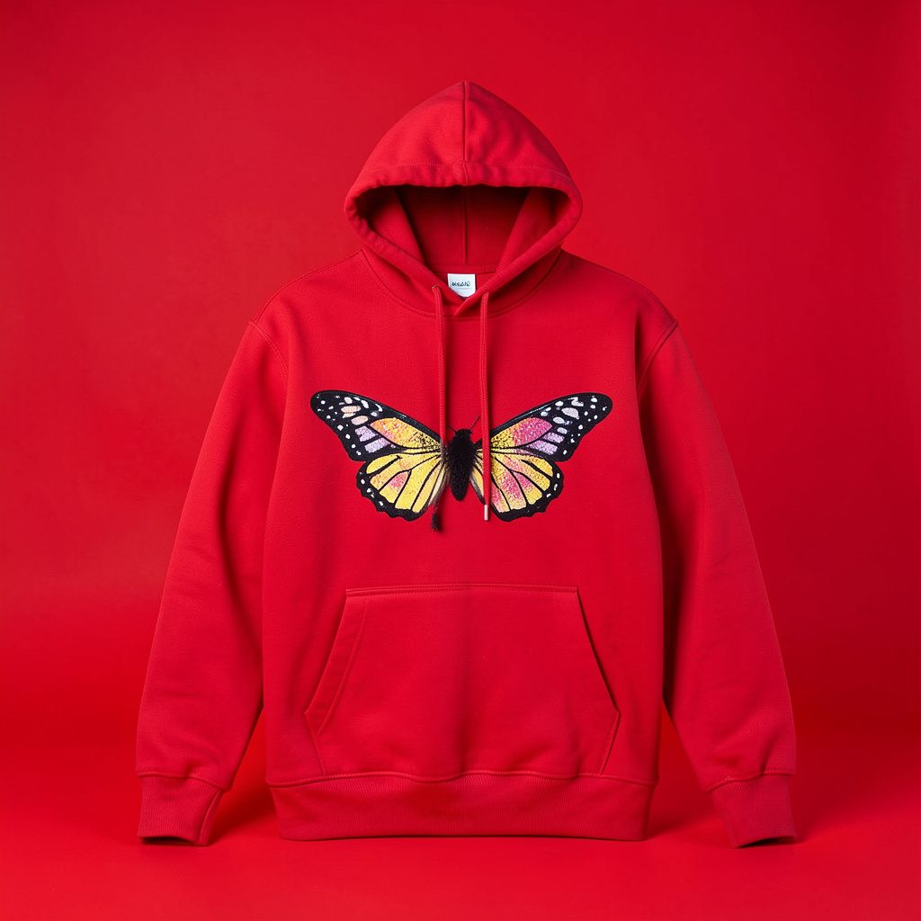Studio photograph of dark printed streetwear apparel with butterfly graphic artwork on a seamless pale backdrop