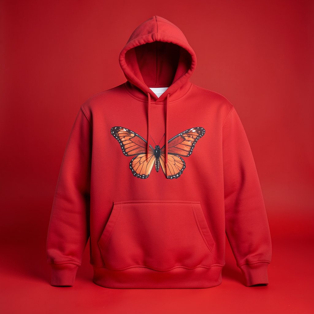 Black hoodie featuring a butterfly design laid flat on a plain white backdrop
