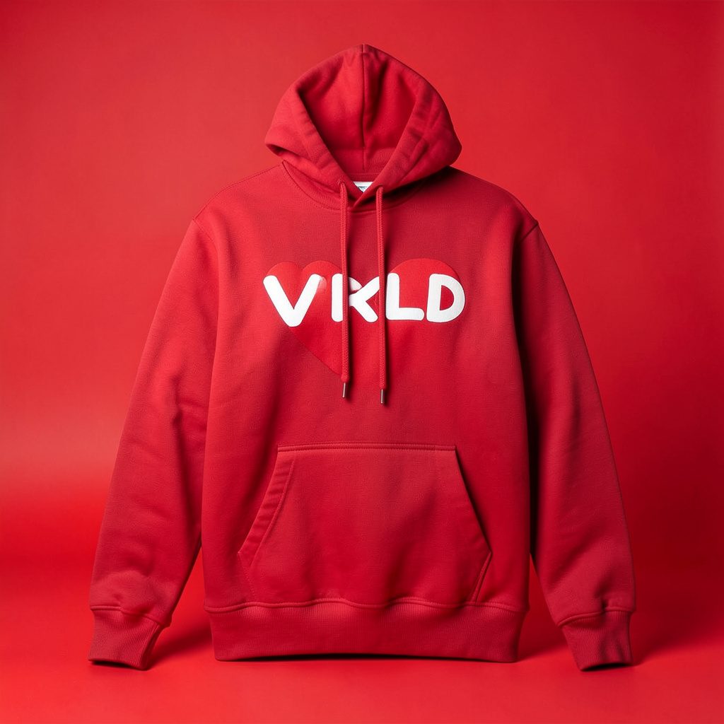 Hoodie with a heart graphic in pink and black tones, laid out on a seamless studio backdrop