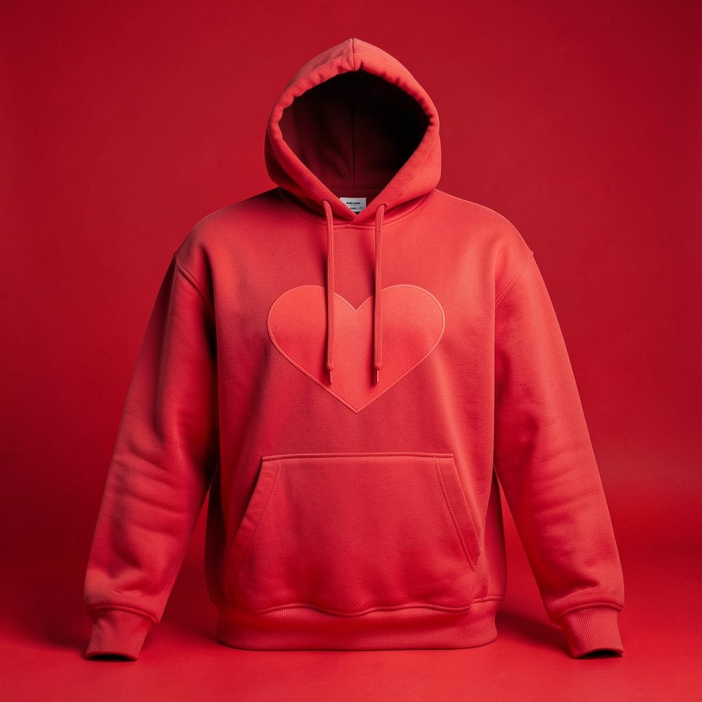 Studio photograph of dark printed streetwear merch apparel with heart graphic artwork on a seamless neutral backdrop