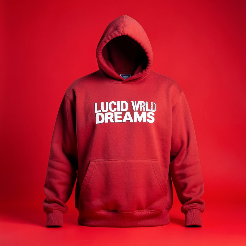 Studio photograph of dark printed streetwear hoodie artwork on a seamless neutral backdrop, moody monochrome palette