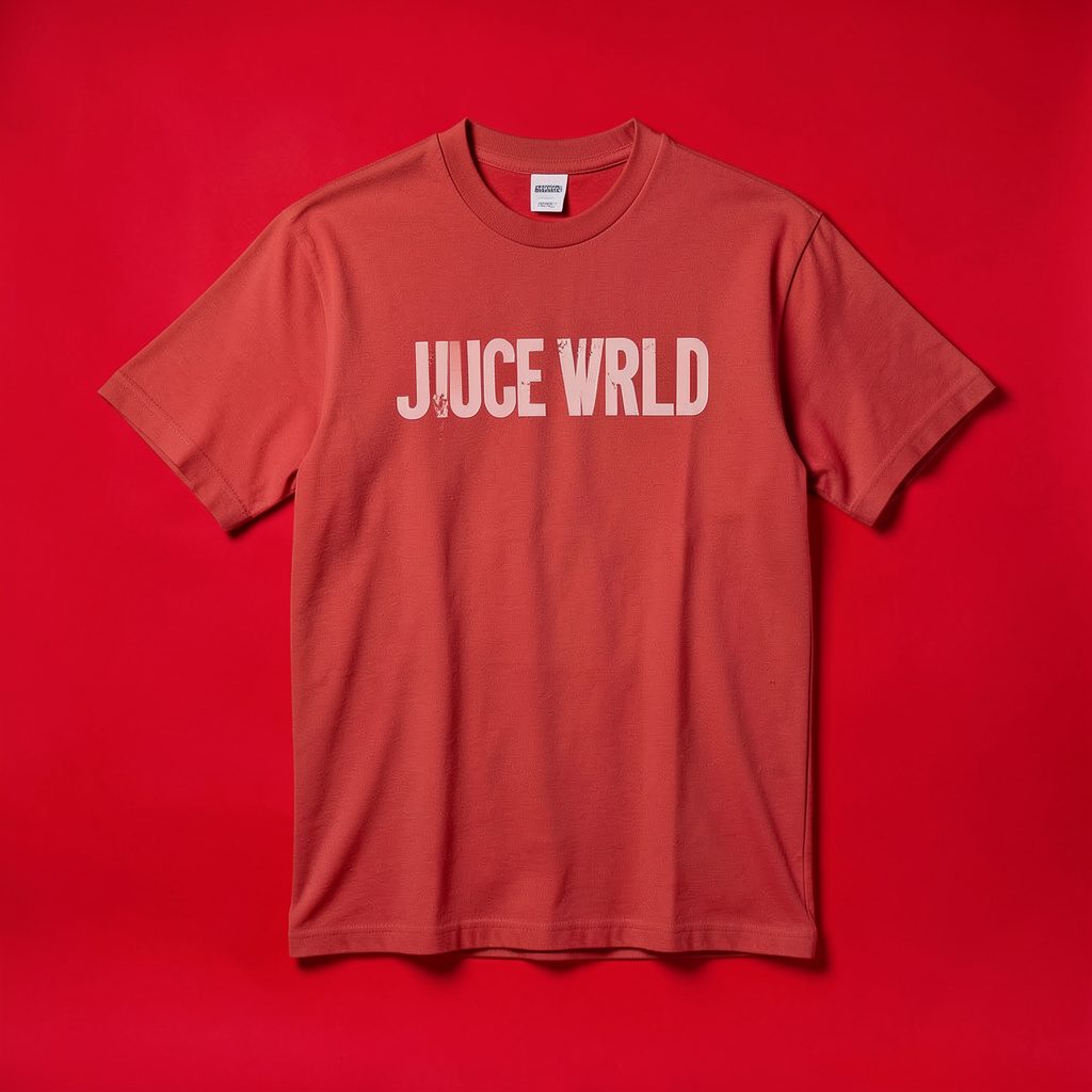 Studio product photograph of a dark printed hip-hop merch t-shirt on a seamless light grey backdrop, crisp even lighting