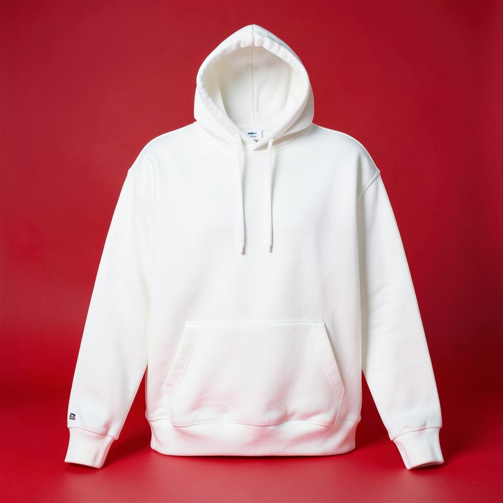 White hoodie with a moonlight-themed graphic laid flat on a plain seamless backdrop