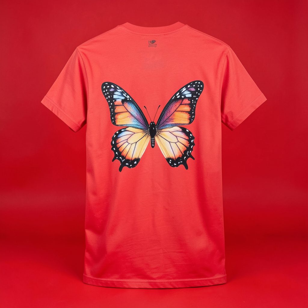 Studio photograph of the back of a dark printed streetwear t-shirt on a seamless pale grey backdrop, muted tones