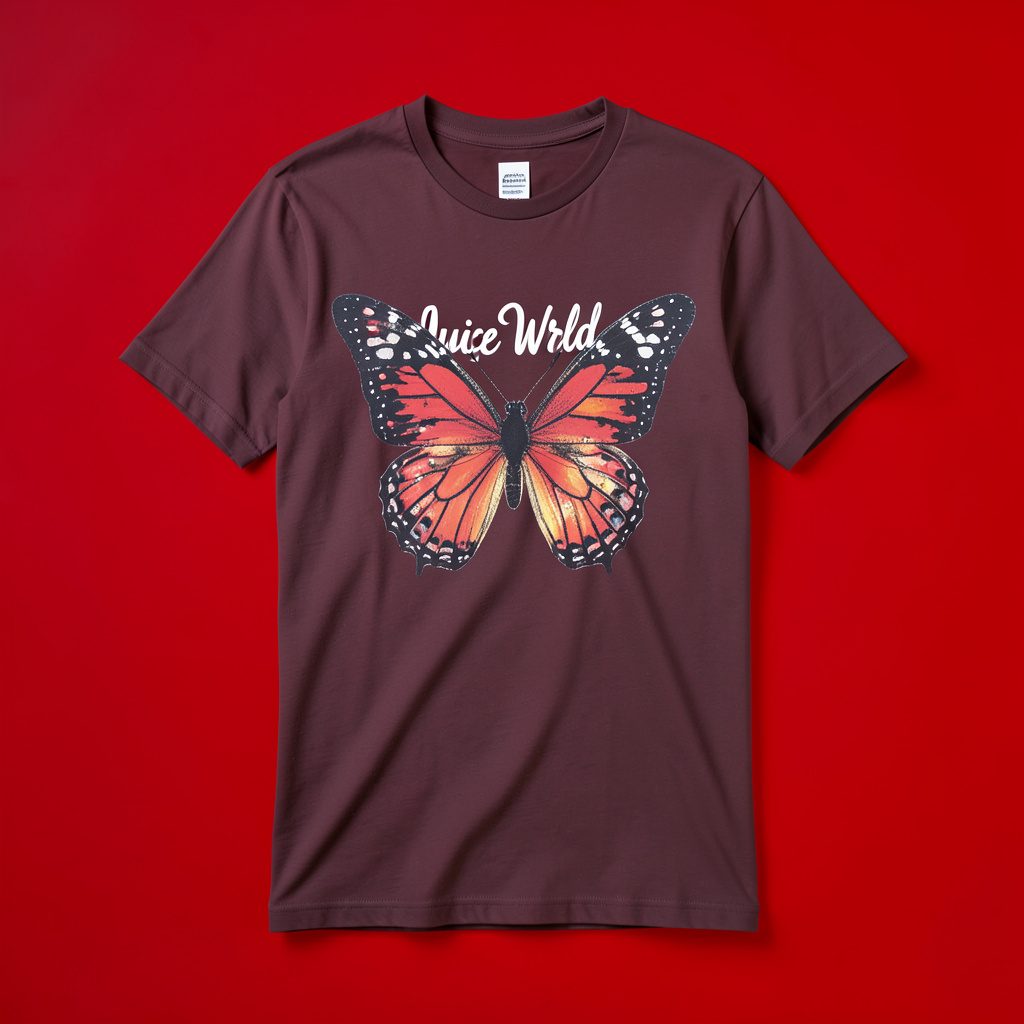 A black t-shirt with a bold butterfly-themed graphic print displayed flat against a plain neutral backdrop