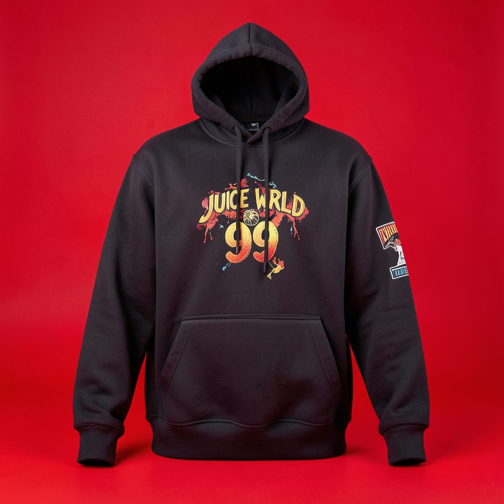 Studio photograph of a dark printed streetwear hoodie laid flat on a seamless light backdrop, clean commercial lighting