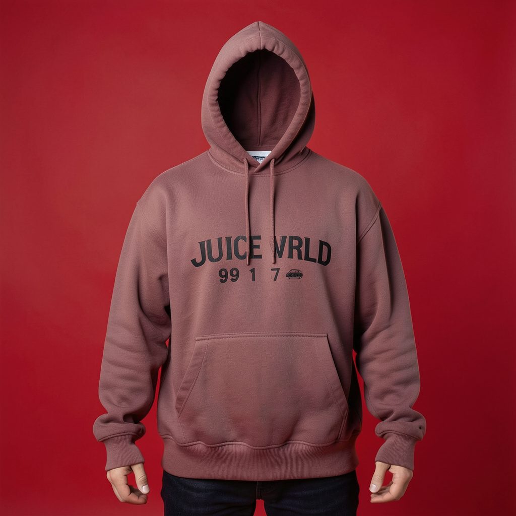 Navy blue hoodie with bold graphic print displayed flat on a plain white studio backdrop
