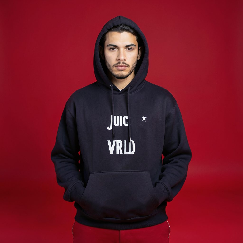 Navy hoodie with a tribute-style graphic laid flat on a plain white studio backdrop